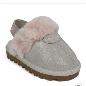 BearPaw Pink and Gray Leather Slippers